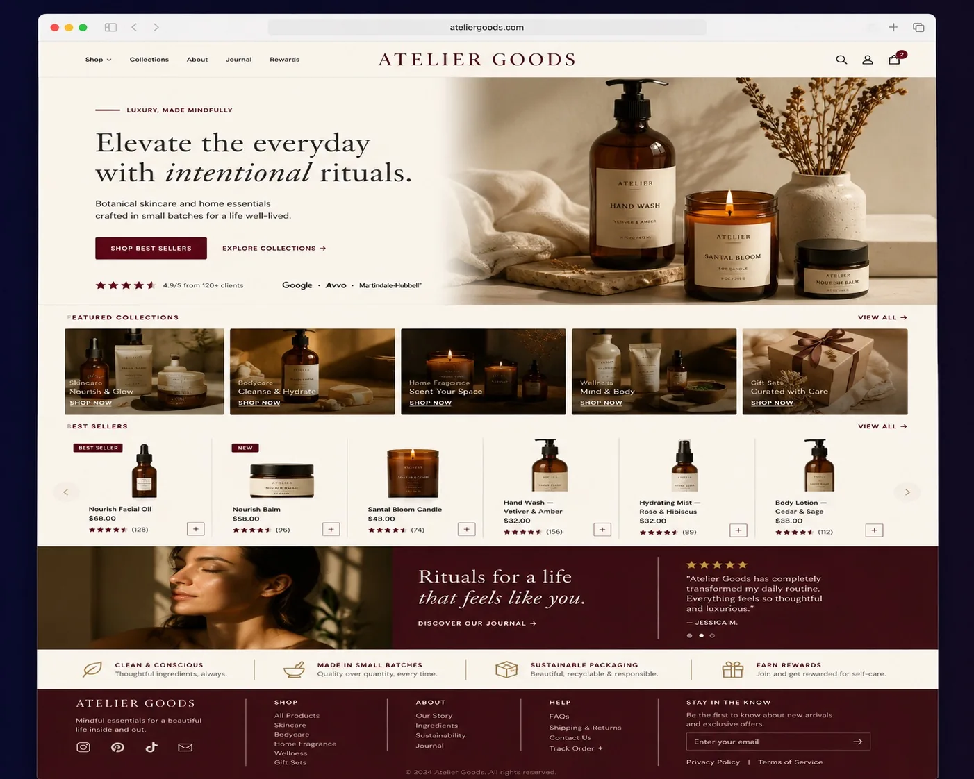 Concept Atelier Goods : marque de soins en e-commerce avec grille de collections en vedette, meilleures ventes, photographie lifestyle et histoire produit éditoriale