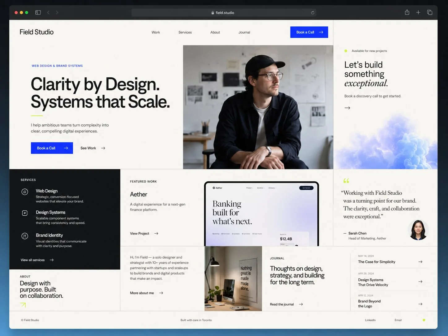 Concept Field Studio : studio de design indépendant avec titre éditorial, étude de cas projet en avant, grille de services et témoignage client