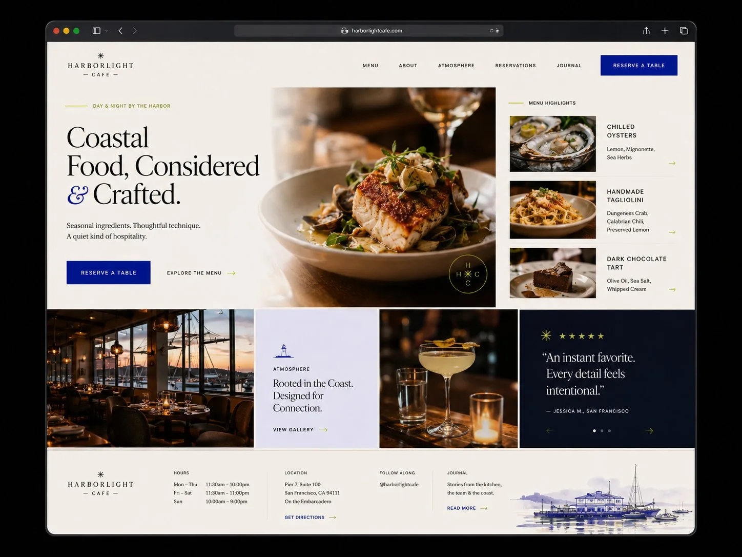 Concept Harborlight Cafe : restaurant en bord de mer avec carte de saison, photographie d'ambiance et salle face au port