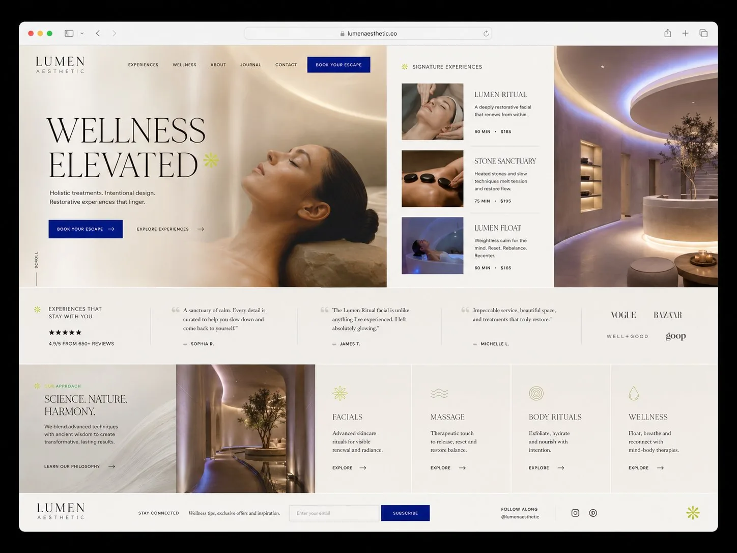Concept Lumen Aesthetic : marque de bien-être en typographie serif, grille d'expériences signature, menu de soins et photographie de spa éditoriale