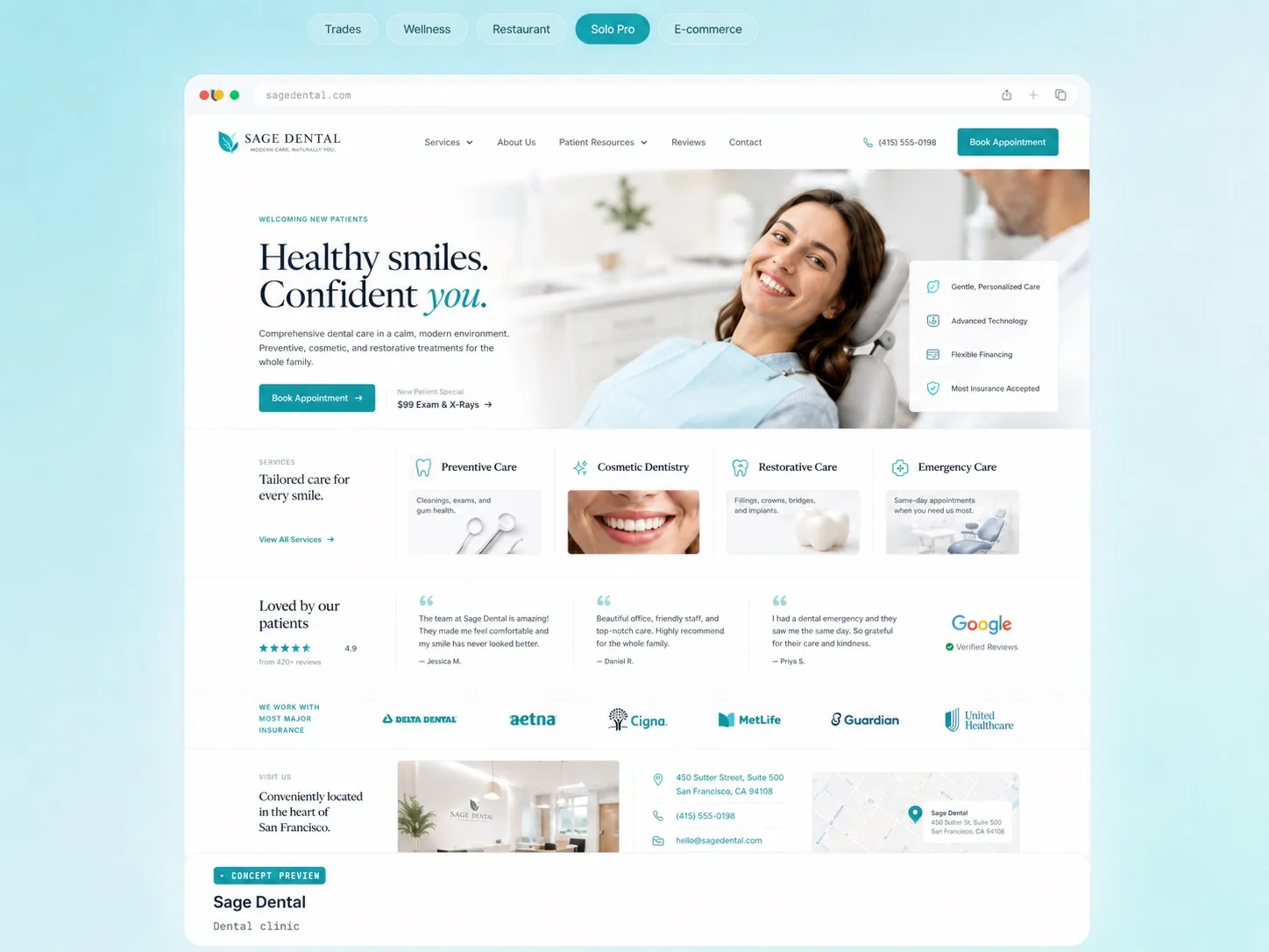 Concept Sage Dental : cabinet dentaire moderne avec grille de services, témoignages de patients, mutuelles partenaires et localisation du cabinet