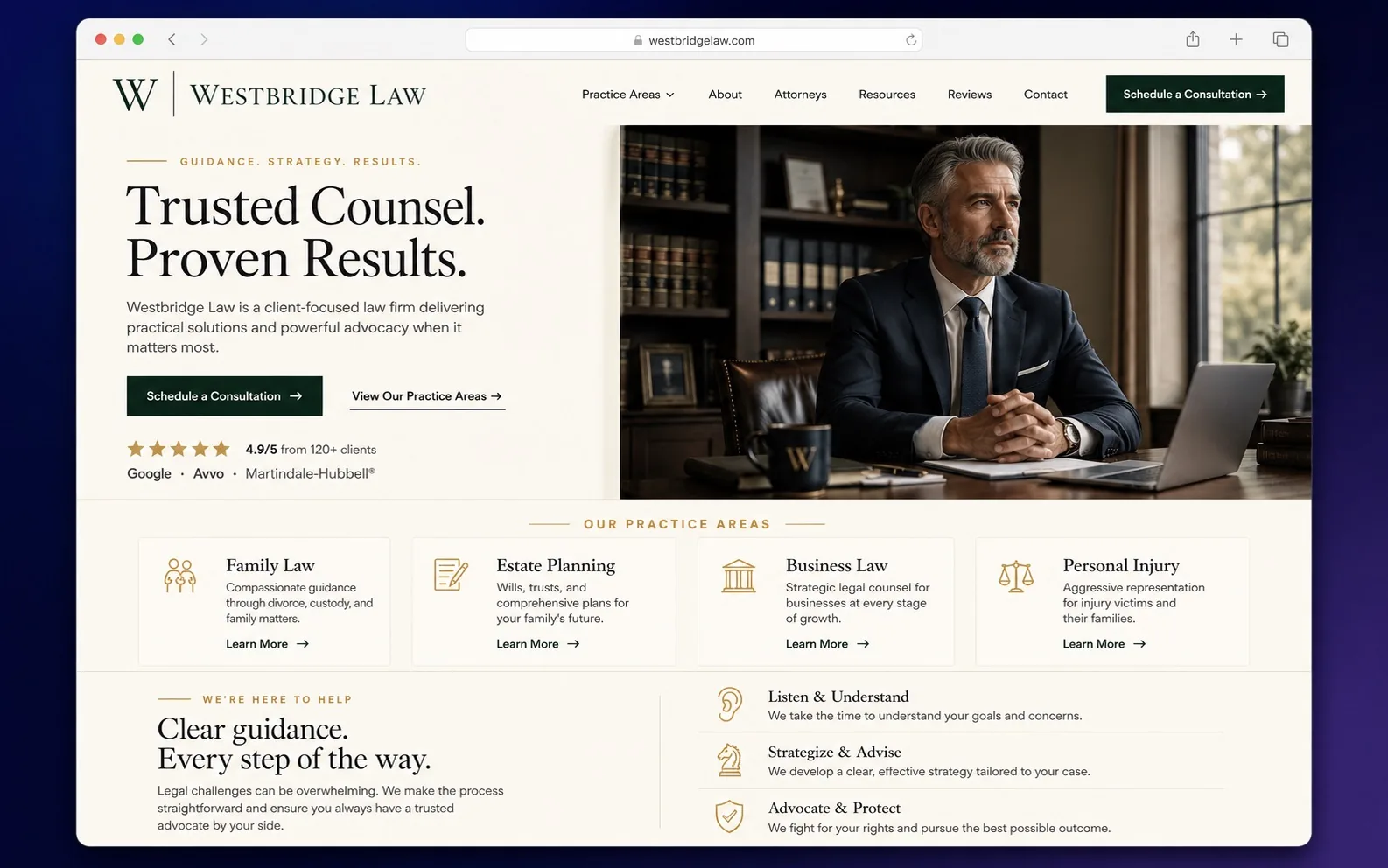 Concept Westbridge Law : cabinet d'avocats avec grille de domaines d'expertise, profil d'avocat, avis de clients et prise de rendez-vous